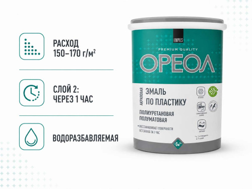 Эмаль акриловая полиуретановая ОРЕОЛ Premium Quality по пластику, белая полуматовая, 1,1 кг