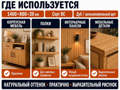 Мебельный щит из дуба 1400×800×20 мм, цельноламельный, сорт ВС фото 3