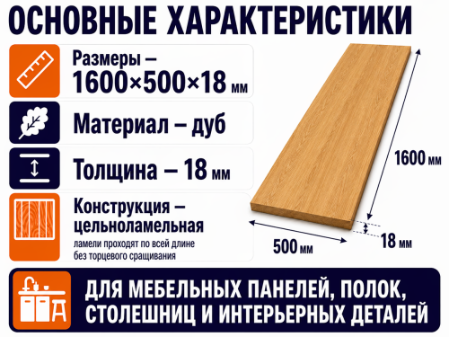 Мебельный щит из дуба 1600×500×18 мм, цельноламельный фото 2