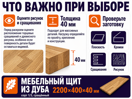 Мебельный щит из дуба 2200×400×40 мм, сорт 1/3, сращённый фото 4