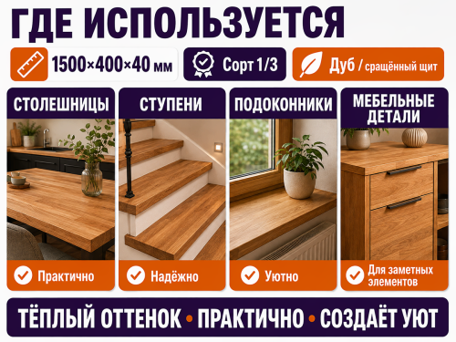 Мебельный щит из дуба 1500×400×40 мм, сорт 1/3, сращённый фото 3