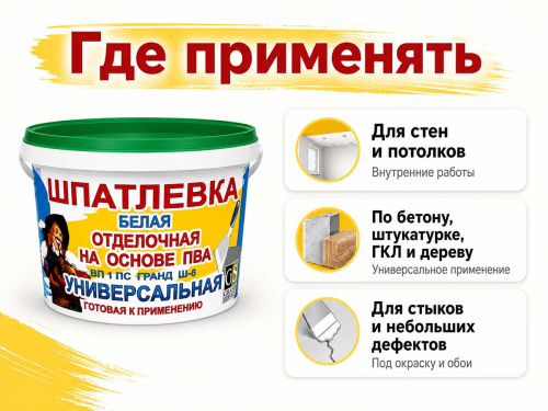 Шпатлёвка отделочная Гранд-Сервис Ш-6 Универсальная на основе ПВА, белая, 1 кг