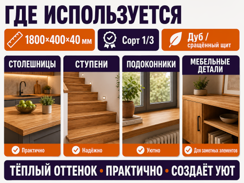 Мебельный щит из дуба 1800×400×40 мм, сорт 1/3, сращённый фото 3