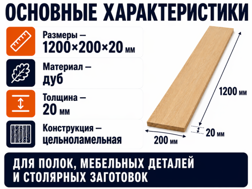 Мебельный щит из дуба 1200×200×20 мм, цельноламельный, сорт 1/2 фото 2