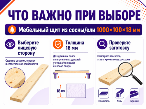 Мебельный щит из сосны/ели 1000×100×18 мм, сорт 1/2