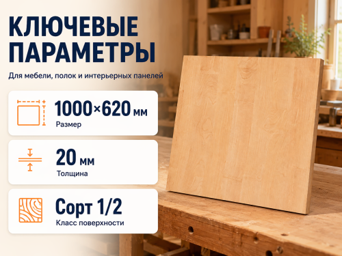 Мебельный щит из ольхи 1000×620×20 мм, сорт 1/2 фото 2