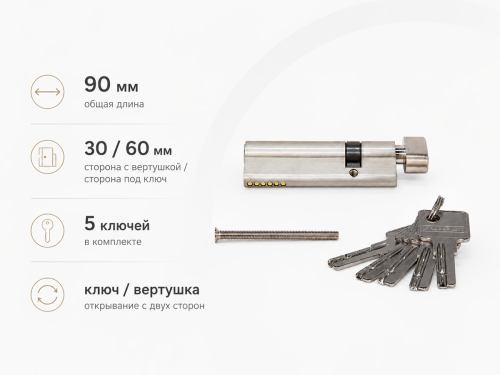 PALLADIUM цилиндровый механизм ZN, 90 мм (30+60), ключ–вертушка, матовый никель фото 2