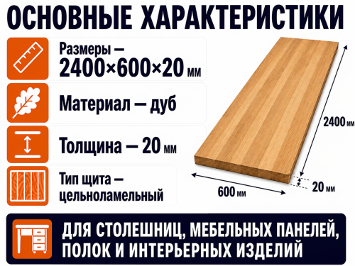 Мебельный щит из дуба 2400×600×20 мм, цельноламельный, сорт ВС фото 2
