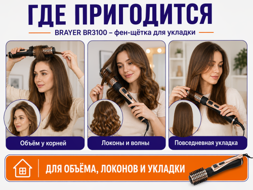 Фен-щётка BRAYER BR3100, 1000 Вт, 3 насадки фото 3