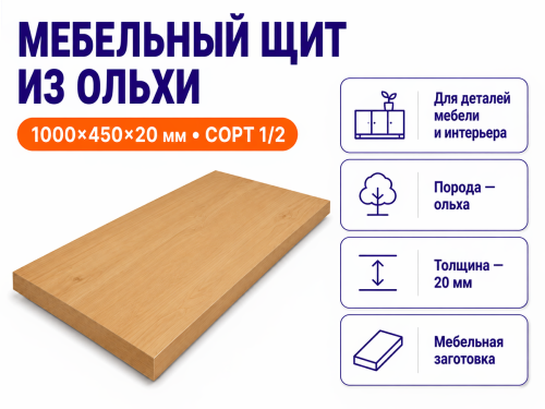 Мебельный щит из ольхи 1000×450×20 мм, сорт 1/2 фото 2