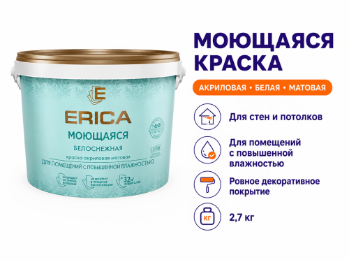 Краска акриловая ERICA моющаяся, белая матовая, 2,7 кг фото 2