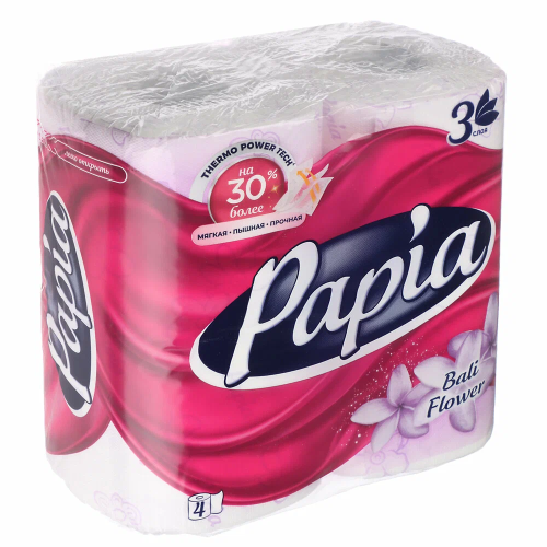 PAPIA бумага туалетная белая с ароматом и рисунком Балийский цветок трехслойная 4шт