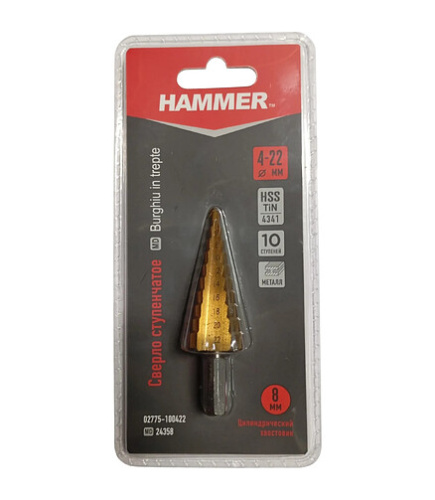 Сверло по металлу ступенчатое HSS-TiN 4-22мм (10 ступеней) HAMMER  02775-100422