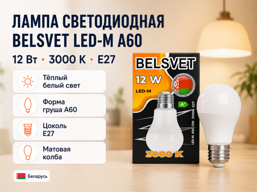 Белсвет лампа светодиодная LED M A60, 12 Вт, E27, 3000 K фото 4