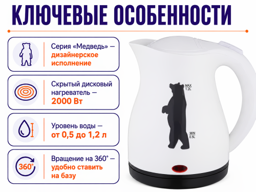Polly чайник электрический Люкс ЕК-23, 1,2 л, белый, «Медведь» фото 2