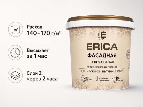 Краска акриловая ERICA Фасадная белоснежная, матовая, 1,4 кг