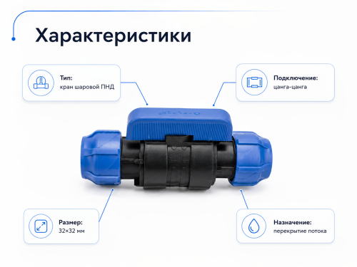 Кран шаровой ПНД VALFEX 121001233232, 32×32 мм, цанга-цанга