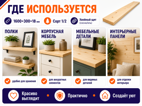 Мебельный щит из сосны/ели 1600×300×18 мм, сорт 1/2