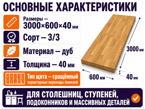 Мебельный щит из дуба 3000×600×40 мм, сорт 3/3, сращённый фото 2