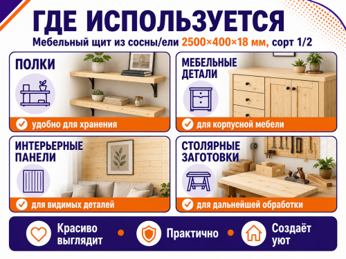 Мебельный щит из сосны/ели 2500×400×18 мм, сорт 1/2