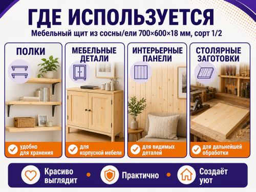 Мебельный щит из сосны/ели 700×600×18 мм, сорт 1/2