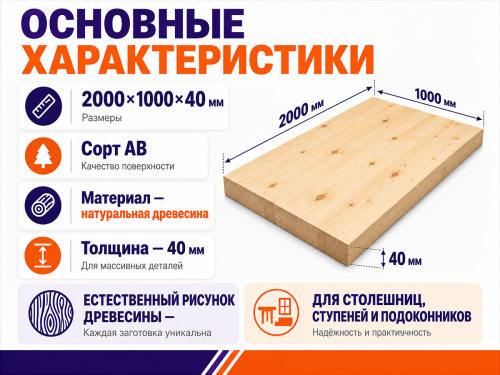 Мебельный щит, 2000×1000×40 мм, сорт AB фото 2