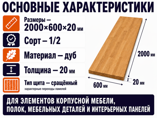 Мебельный щит из дуба 2000×600×20 мм, сорт 1/2, сращённый фото 2