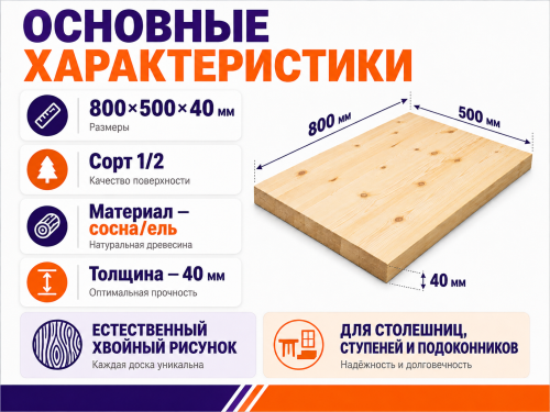Мебельный щит из хвойных пород, 800×500×40 мм, сорт 1/2 фото 2
