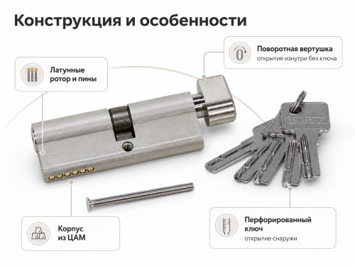 PALLADIUM цилиндровый механизм ZN, 90 мм (50+40), ключ–вертушка, матовый никель