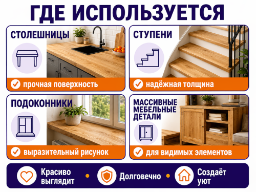 Мебельный щит из дуба 1500×300×40 мм, сорт ВС, сращённый