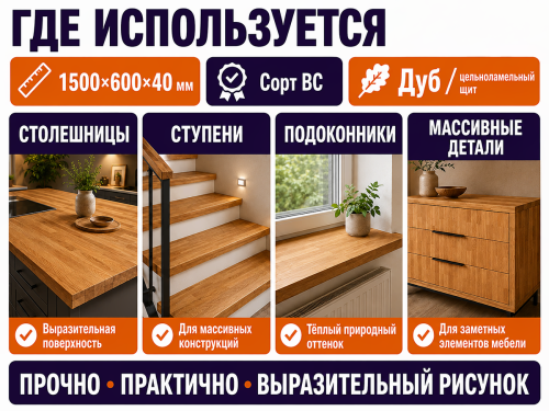 Мебельный щит из дуба 1500×600×40 мм, цельноламельный, сорт ВС фото 3