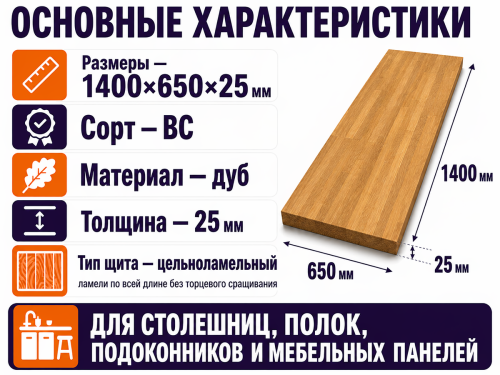 Мебельный щит из дуба 1400×650×25 мм, цельноламельный, сорт ВС фото 2