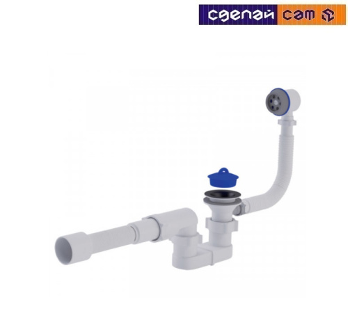 Е055 / Сифон для ванны с выпуском и переливом плоский, с гибкой трубой 40/50, Ани Пласт