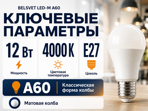 Белсвет лампа светодиодная LED M A60, 12 Вт, E27, 4000 K фото 2