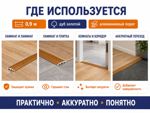 КТМ-2000 порог алюминиевый 70-417K, дуб золотой, 900 мм фото 3