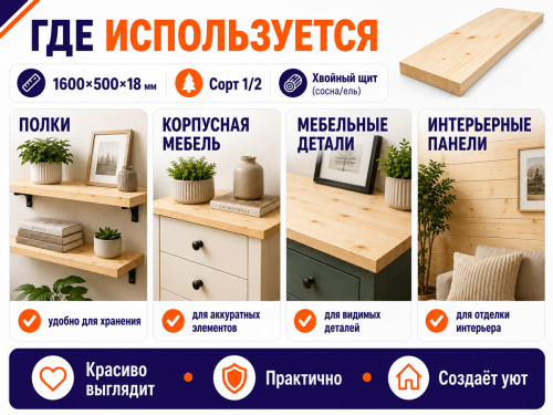 Мебельный щит из сосны/ели 1600×500×18 мм, сорт 1/2
