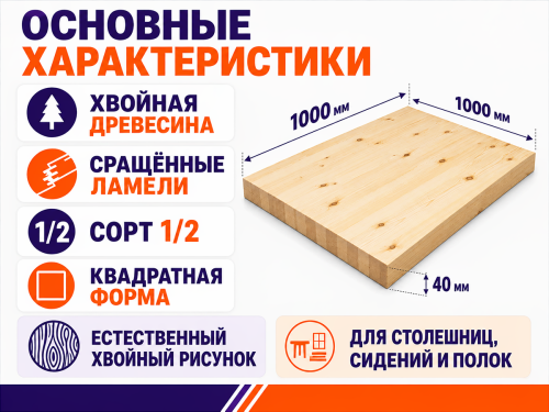 Мебельный щит из хвойной древесины, сращённый, сорт 1/2, 1000×1000×40 мм фото 2