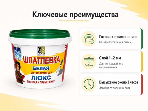 Шпатлёвка белая Гранд-Сервис Ш-5 Люкс ВП 1 ПС, готовая, 1 кг