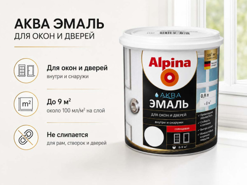 Эмаль акриловая Alpina АКВА для окон и дверей, белая глянцевая, 0,9 л