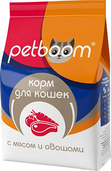 Корм "PetBoom"  сухой для взрослых кошек с мясом и овощами полнорационный экстр 0,4кг