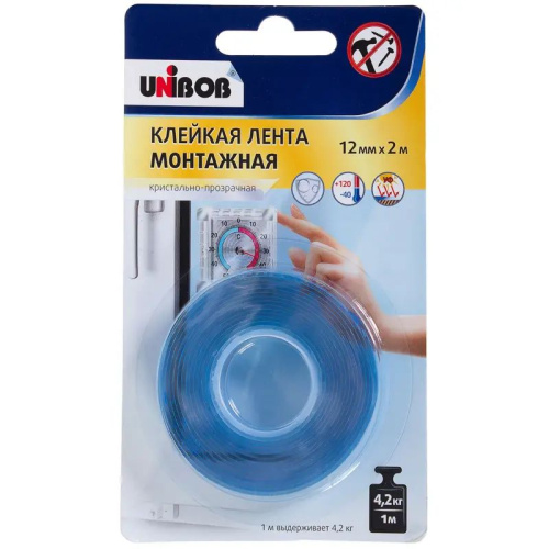 Клейкая лента двухсторонняя  12*2;0;0,пена, кристально-прозрачная Unibob  75541