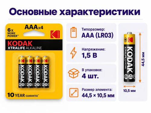 Kodak батарейки Xtralife AAA (LR03), 1,5 В, 4 шт фото 2