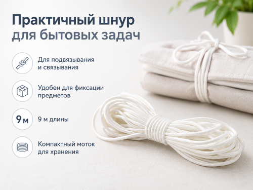 Шнур бытовой хозяйственный Белхозтекс 4КХ, белый, 9 м, Ø4 мм