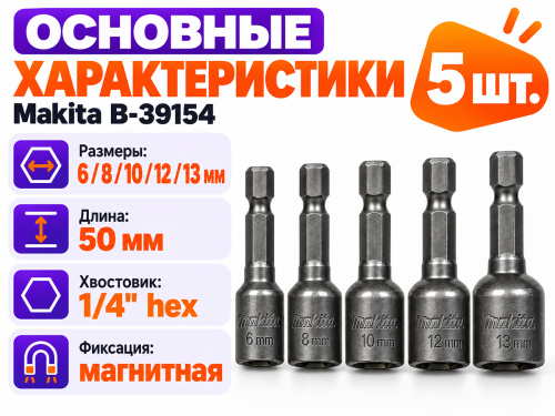 Набор магнитных торцевых насадок Makita, 6/8/10/12/13 мм, 5 шт. фото 2