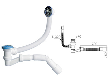 Сифон для ванны низкий h 120mm, с выпуском  и переливом 70 мм, с гибкой трубой 40х40/50, AV Engineer, арт.AVE129730