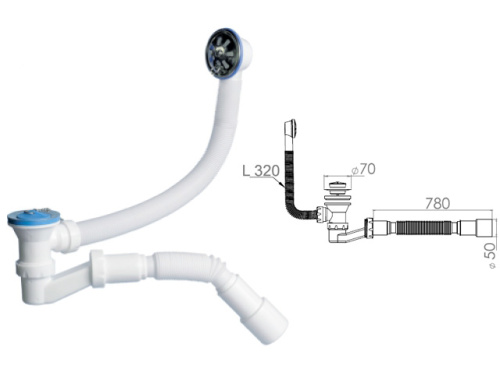 Сифон для ванны низкий h 120mm, с выпуском  и переливом 70 мм, с гибкой трубой 40х40/50, AV Engineer, арт.AVE129730