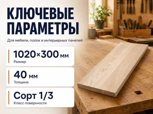 Мебельный щит из ясеня 1020×300×40 мм, сорт 1/3 фото 2