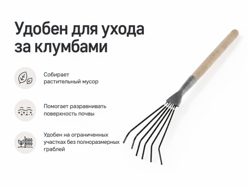 Грабли веерные пластинчатые цветочные, 6 зубьев, с деревянным черенком фото 2