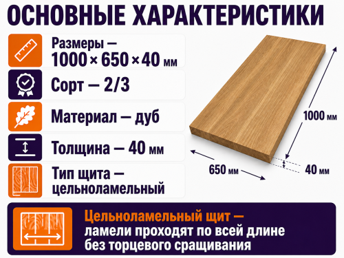 Мебельный щит из дуба 1000×650×40 мм, сорт 2/3, цельноламельный фото 2