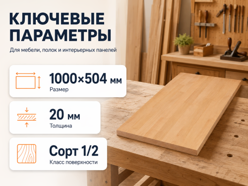 Мебельный щит из ольхи 1000×504×20 мм, сорт 1/2 фото 2